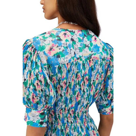 GANNI Floral Pleated Georgette Midi Dress Multicolor Puff Sleeve V-Neck Sz 8 - Picture 4 of 11